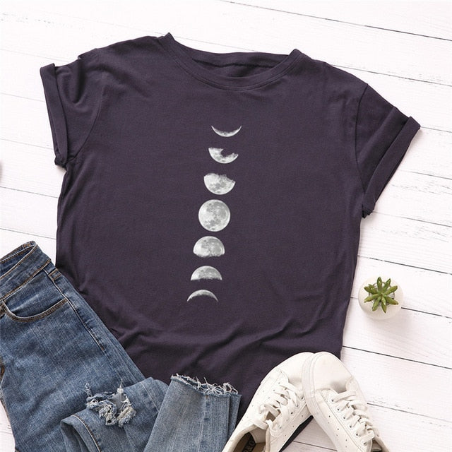 Plus Size S-5XL New Moon Planet Print T Shirt Women Shirts 100% Cotton O Neck Short Sleeve Summer T-Shirt Tops Casual Tshirt