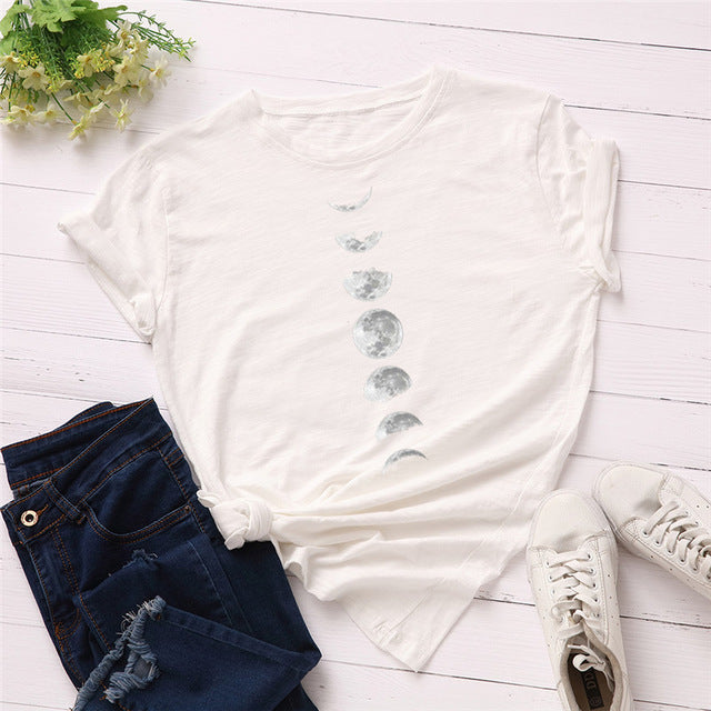 Plus Size S-5XL New Moon Planet Print T Shirt Women Shirts 100% Cotton O Neck Short Sleeve Summer T-Shirt Tops Casual Tshirt