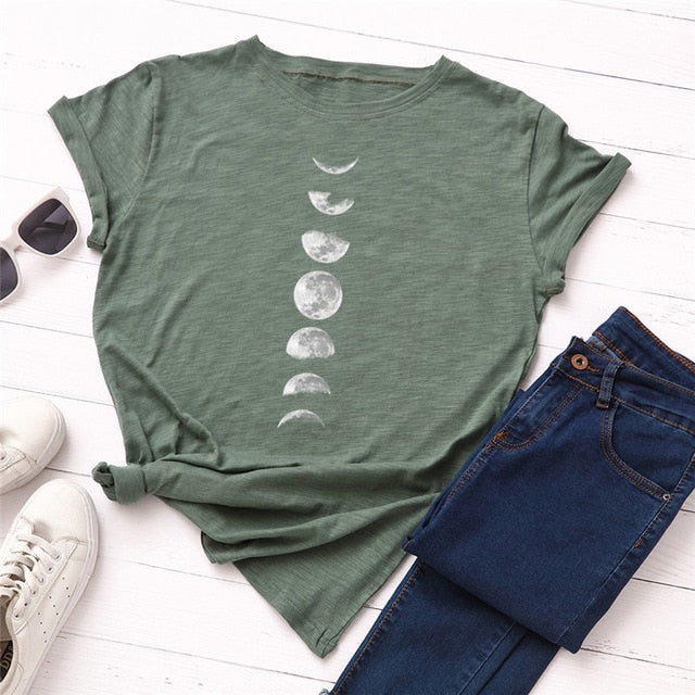 Plus Size S-5XL New Moon Planet Print T Shirt Women Shirts 100% Cotton O Neck Short Sleeve Summer T-Shirt Tops Casual Tshirt