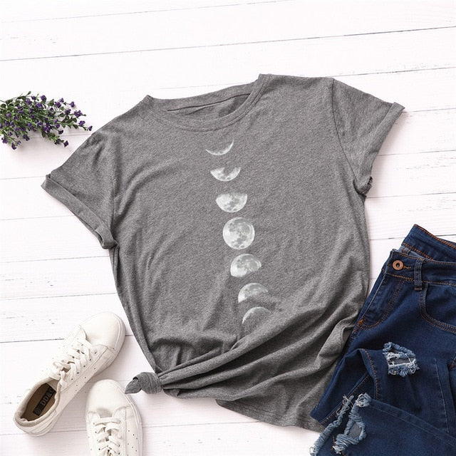 Plus Size S-5XL New Moon Planet Print T Shirt Women Shirts 100% Cotton O Neck Short Sleeve Summer T-Shirt Tops Casual Tshirt