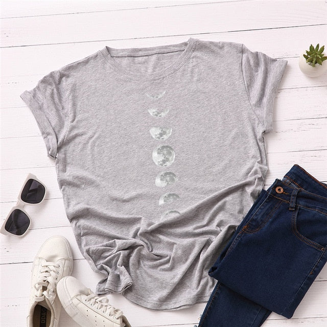 Plus Size S-5XL New Moon Planet Print T Shirt Women Shirts 100% Cotton O Neck Short Sleeve Summer T-Shirt Tops Casual Tshirt