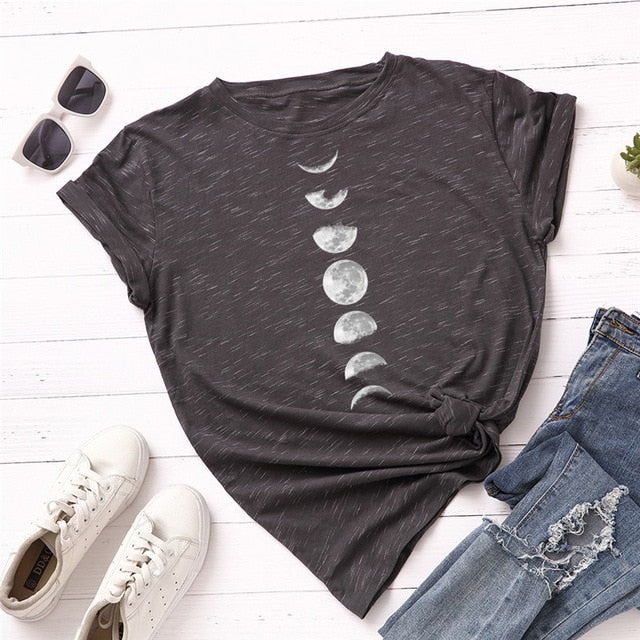 Plus Size S-5XL New Moon Planet Print T Shirt Women Shirts 100% Cotton O Neck Short Sleeve Summer T-Shirt Tops Casual Tshirt