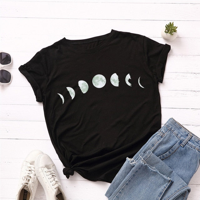 Plus Size S-5XL New Moon Planet Print T Shirt Women Shirts 100% Cotton O Neck Short Sleeve Summer T-Shirt Tops Casual Tshirt