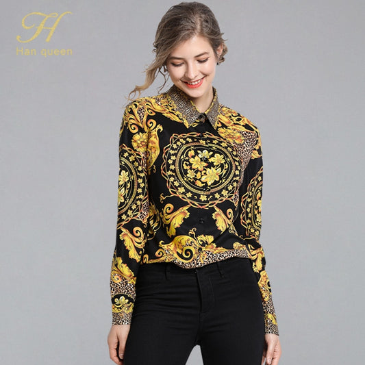 H han queen Women Shirt Chiffon Blusa Femininas Tops Long Sleeve Formal Office Printing Blouse Plus Size Chiffon Shirt Clothing