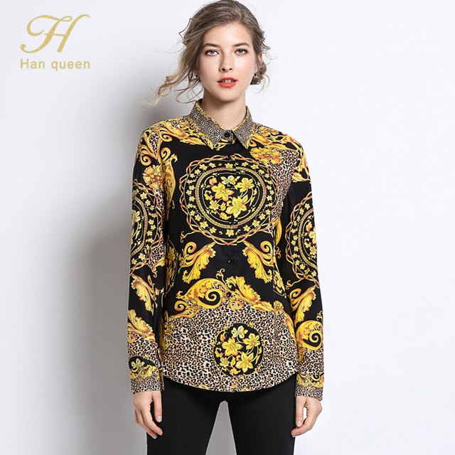 H han queen Women Shirt Chiffon Blusa Femininas Tops Long Sleeve Formal Office Printing Blouse Plus Size Chiffon Shirt Clothing