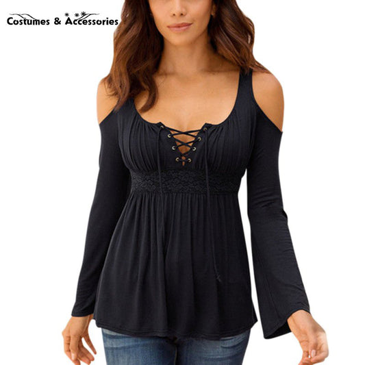 New Women Long Sleeve Off Shoulder Lace Up Neck Shirt Casual Slim Tops Blouse S1