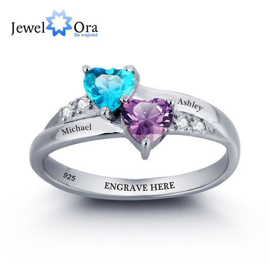 Personalized Engrave Name DIY Birthstone Love Promise Ring 925 Sterling Silver Heart Rings Free Gift Box (JewelOra RI101781)