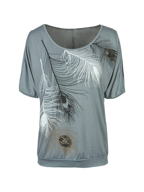 Slit Sleeve Cold Shoulder Feather Print Women Casual Summer T Shirt Girl 2016 Tee Tshirt Loose Top T-Shirt plus size XXL 3XL