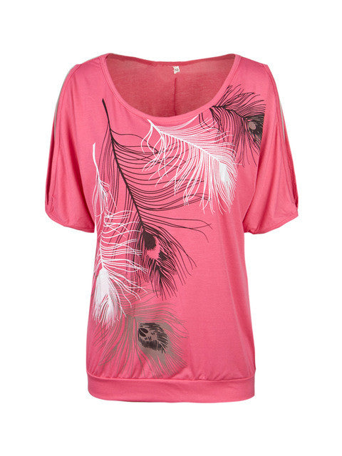Slit Sleeve Cold Shoulder Feather Print Women Casual Summer T Shirt Girl 2016 Tee Tshirt Loose Top T-Shirt plus size XXL 3XL
