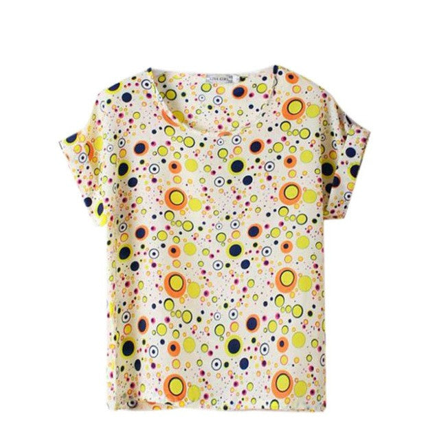 Summer Fashion O Neck Bird Printed Women Tops Colorful Short Sleeve Female T-Shirts Batwing Loose Chiffon Shirt Feminino