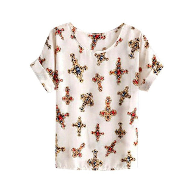 Summer Fashion O Neck Bird Printed Women Tops Colorful Short Sleeve Female T-Shirts Batwing Loose Chiffon Shirt Feminino