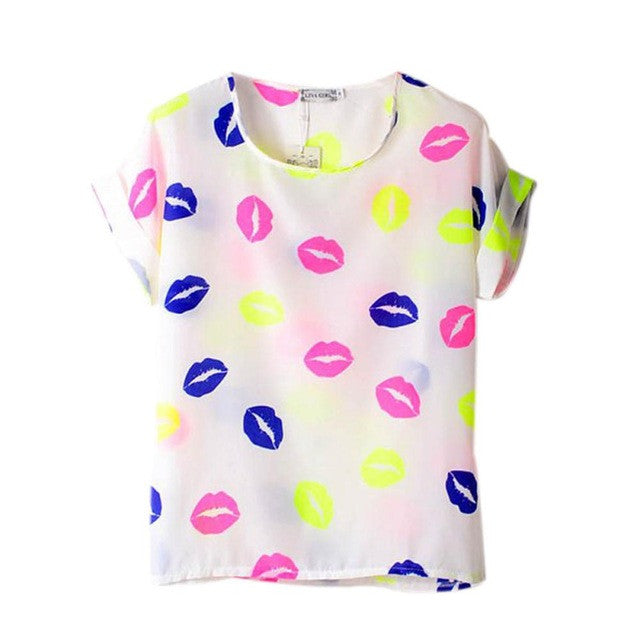 Summer Fashion O Neck Bird Printed Women Tops Colorful Short Sleeve Female T-Shirts Batwing Loose Chiffon Shirt Feminino