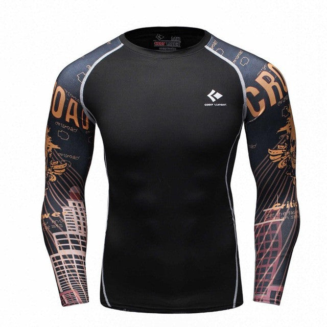 Mens Compression Shirts Bodybuilding Skin Tight Long Sleeves Jerseys Clothings MMA Crossfit Exercise Workout Fitness Sportswear