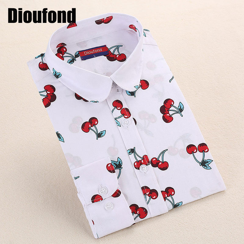 Dioufond New Floral Long Sleeve Vintage Blouse Cherry Turn Down Collar Shirt Blusas Feminino Ladies Blouses Womens  Tops Fashion