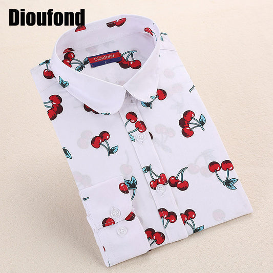 Dioufond New Floral Long Sleeve Vintage Blouse Cherry Turn Down Collar Shirt Blusas Feminino Ladies Blouses Womens  Tops Fashion