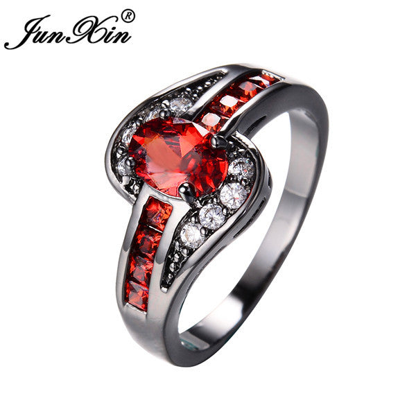 JUNXIN Female Red Oval Ring Fashion White & Black Gold Filled Jewelry Vintage Wedding Rings For Women Birthday Stone Gifts