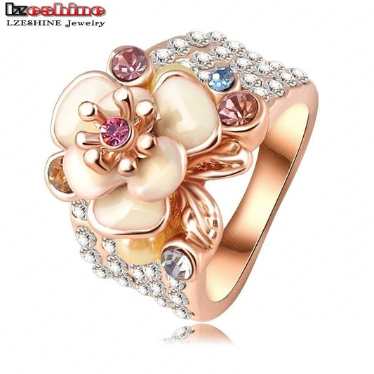 LZESHINE Hot Sale Jewelry Ring Rose Gold Color Austrian Crystal Enamel Flower Wedding Ring For Women aliancas Ri-HQ0155