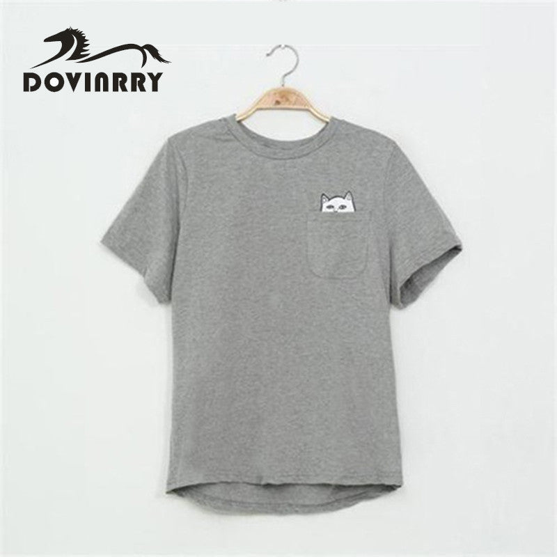 DOVINRRY T-shirt Women Casual Lady Top Tees Cotton Tshirt Female Brand Clothing T Shirt Printed Pocket Cat Top Cute Tee Harajuku