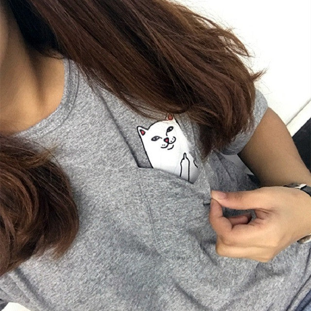 DOVINRRY T-shirt Women Casual Lady Top Tees Cotton Tshirt Female Brand Clothing T Shirt Printed Pocket Cat Top Cute Tee Harajuku