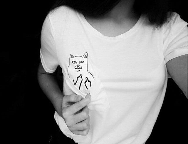 DOVINRRY T-shirt Women Casual Lady Top Tees Cotton Tshirt Female Brand Clothing T Shirt Printed Pocket Cat Top Cute Tee Harajuku