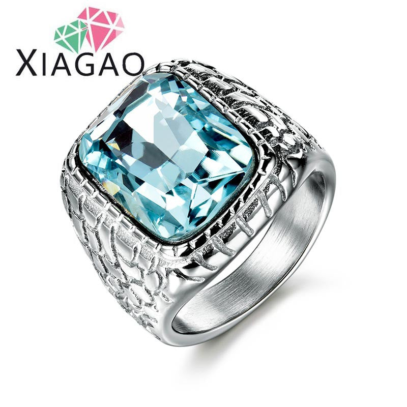 XIAGAO New Arrival Blue Square Men Jewelry 316L Stainless Steel Ring with Black Red 3A Zircon Crysta Fashion Steel Mens Rings