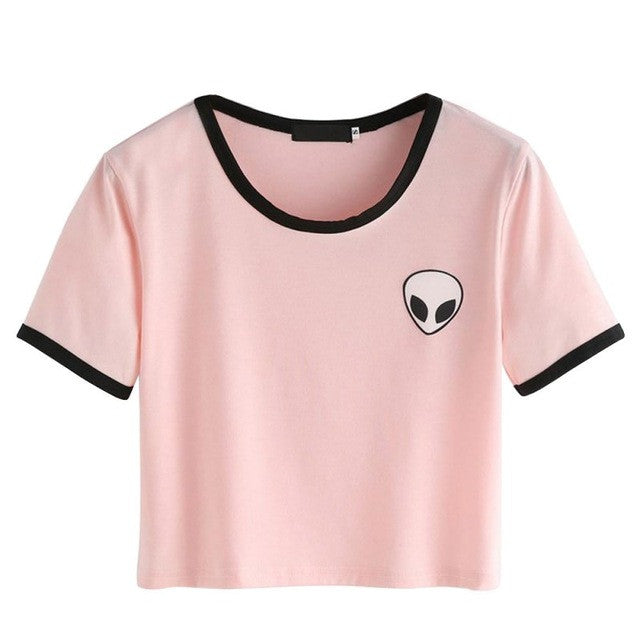 Women Loose Print Short Sleeve Tee Shirt Casual Crop Top Alien Printing T-Shirt  13 Colors