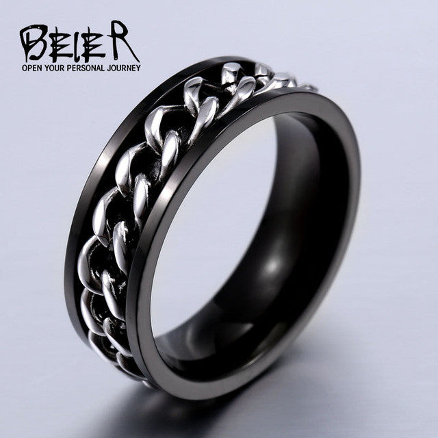 BEIER New Part Plated-Gold/Black Man's Cool Spin Chain Ring For Man Stainless Steel Cool Man Woman Fashion Jewelry BR-R065