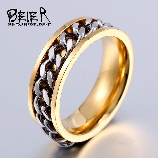 BEIER New Part Plated-Gold/Black Man's Cool Spin Chain Ring For Man Stainless Steel Cool Man Woman Fashion Jewelry BR-R065