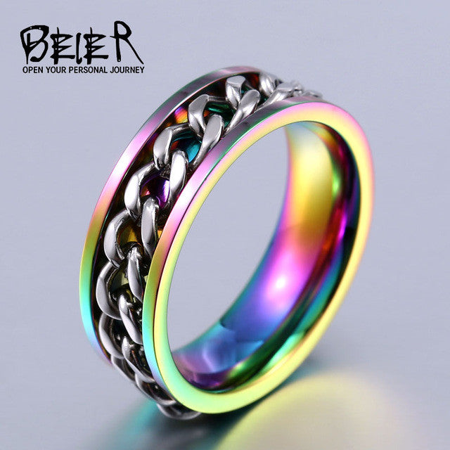 BEIER New Part Plated-Gold/Black Man's Cool Spin Chain Ring For Man Stainless Steel Cool Man Woman Fashion Jewelry BR-R065