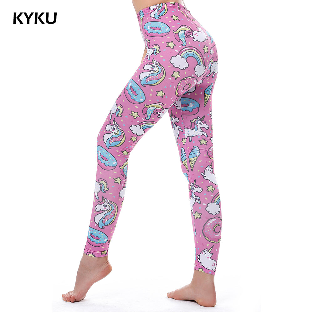 KYKU Brand Unicorn Leggings Women Leggins Fitness Legging Sexy Pants High Waist Push Up Shiny 3d Printed Rainbow Star Cat Donuts