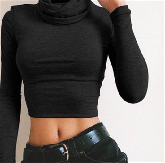 2017 Wholesale Price Cropped Turtleneck Sexy Long Sleeve Club Fashion European Style Mini Short T Shirt Tee Crop Top Fashion