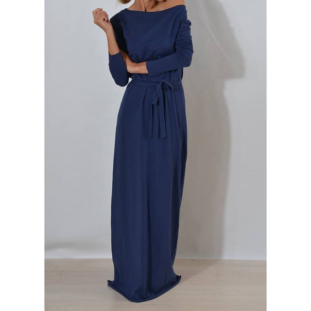 Autumn Women Long Maxi Dress Slash Neck Sashes Winter Dresses Casual Long Sleeve Solid Dress Casual Plus Size GV028