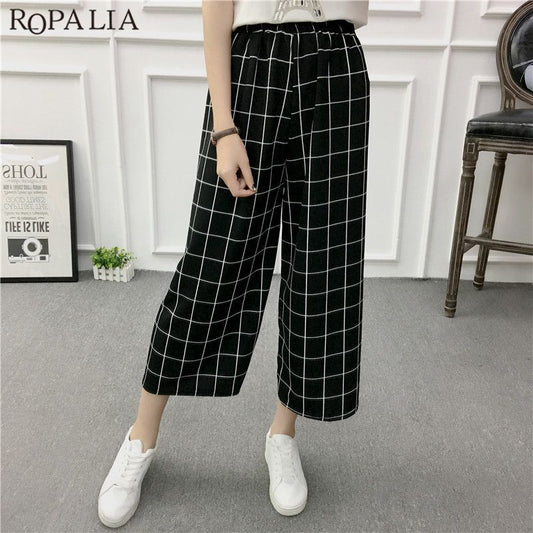 ROPALIA Women New Summer Wide Leg Pants Casual Loose High Elastic Waist Harem Pants Loose Belt Striped Elasticated Trousers