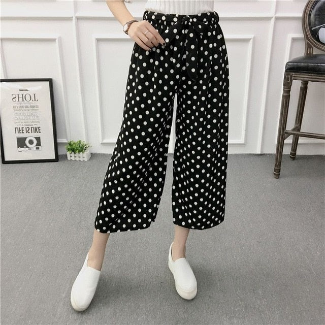 ROPALIA Women New Summer Wide Leg Pants Casual Loose High Elastic Waist Harem Pants Loose Belt Striped Elasticated Trousers