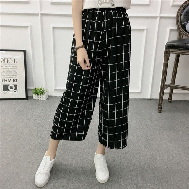 ROPALIA Women New Summer Wide Leg Pants Casual Loose High Elastic Waist Harem Pants Loose Belt Striped Elasticated Trousers