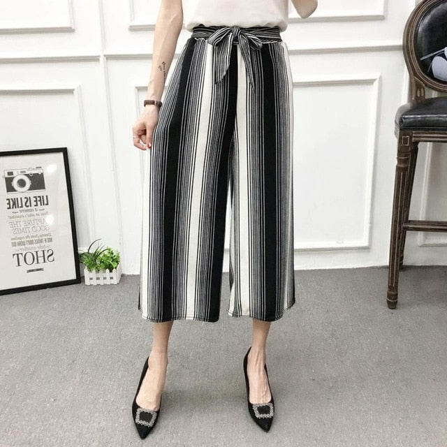 ROPALIA Women New Summer Wide Leg Pants Casual Loose High Elastic Waist Harem Pants Loose Belt Striped Elasticated Trousers