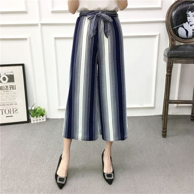 ROPALIA Women New Summer Wide Leg Pants Casual Loose High Elastic Waist Harem Pants Loose Belt Striped Elasticated Trousers
