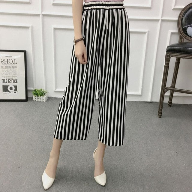 ROPALIA Women New Summer Wide Leg Pants Casual Loose High Elastic Waist Harem Pants Loose Belt Striped Elasticated Trousers