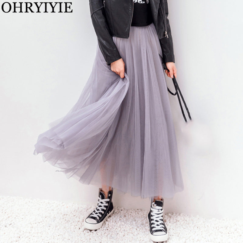 OHRYIYIE 2019 Autumn Winter Vintage Skirts Womens Elastic High Waist Tulle Mesh Skirt Long Pleated Tutu Skirt Female Jupe Longue