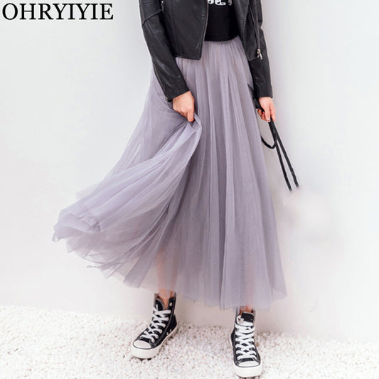 OHRYIYIE 2019 Autumn Winter Vintage Skirts Womens Elastic High Waist Tulle Mesh Skirt Long Pleated Tutu Skirt Female Jupe Longue