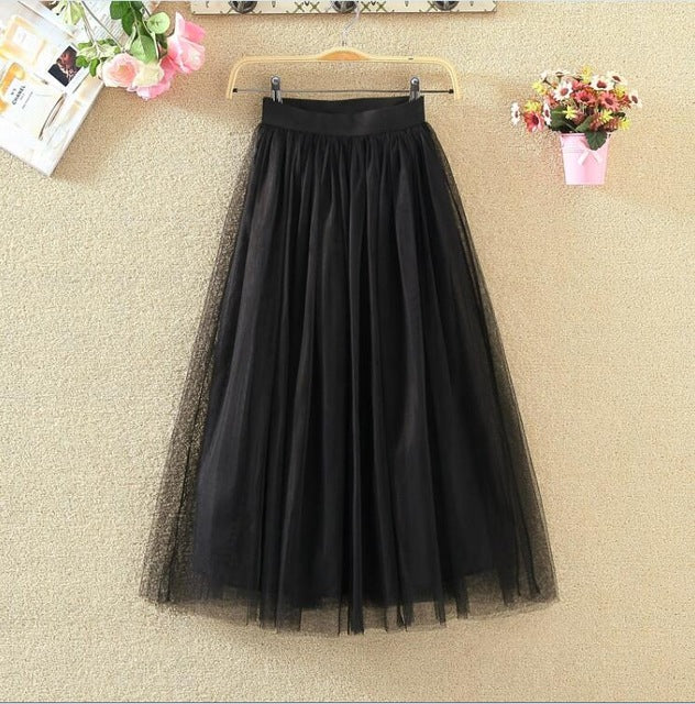 OHRYIYIE 2019 Autumn Winter Vintage Skirts Womens Elastic High Waist Tulle Mesh Skirt Long Pleated Tutu Skirt Female Jupe Longue