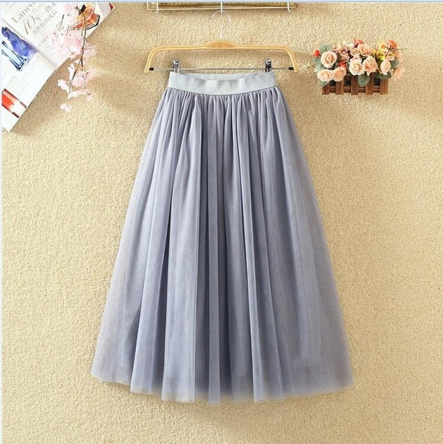 OHRYIYIE 2019 Autumn Winter Vintage Skirts Womens Elastic High Waist Tulle Mesh Skirt Long Pleated Tutu Skirt Female Jupe Longue