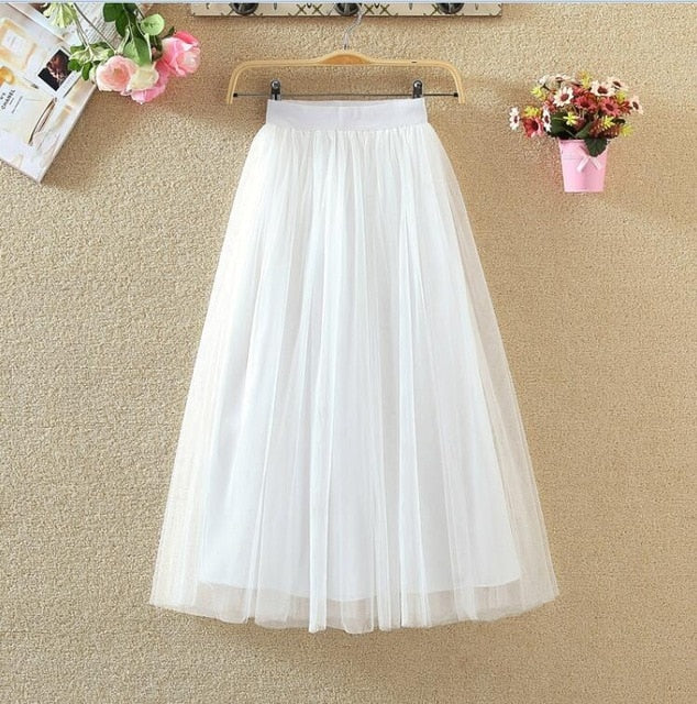 OHRYIYIE 2019 Autumn Winter Vintage Skirts Womens Elastic High Waist Tulle Mesh Skirt Long Pleated Tutu Skirt Female Jupe Longue