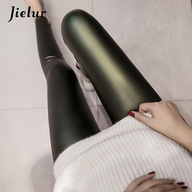 Jielur 2019 Autumn PU Faux Leather Leggings Women 4 Colors Skinny Pants Female Korean Slim Ladies Fleece Pencil Leggins S-3XL