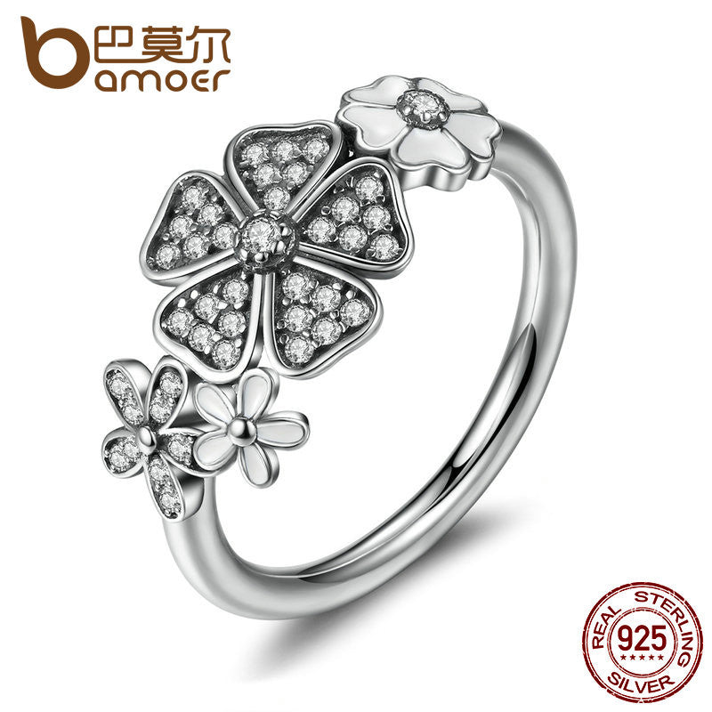 BAMOER 925 Sterling Silver Shimmering Bouquet, White Enamel & Clear CZ Flower Finger Rings for Women Wedding Gift PA7176