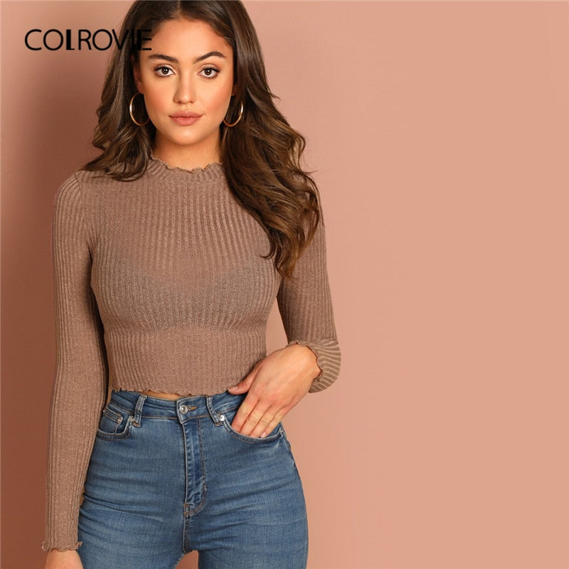 COLROVIE Camel Lettuce Trim Solid Sexy Knit Crop Top For Women Basic Shirt 2019 Spring Korean Long Sleeve Elegant Ladies Shirts