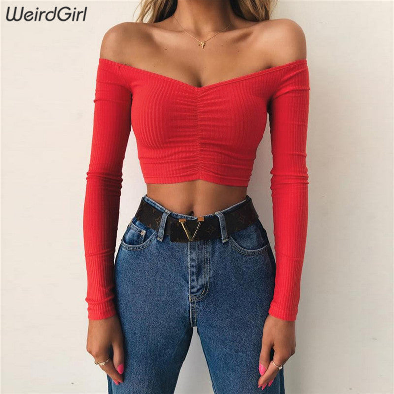 Weirdgirl women T-shirts sexy and club fashion female T-shirt long sleeve off shoulder solid color lady Tshirt autumn basic tees