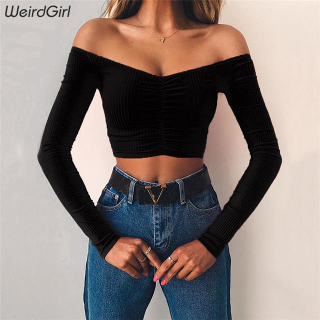 Weirdgirl women T-shirts sexy and club fashion female T-shirt long sleeve off shoulder solid color lady Tshirt autumn basic tees