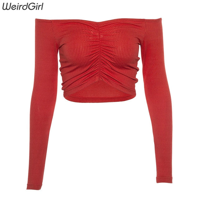 Weirdgirl women T-shirts sexy and club fashion female T-shirt long sleeve off shoulder solid color lady Tshirt autumn basic tees