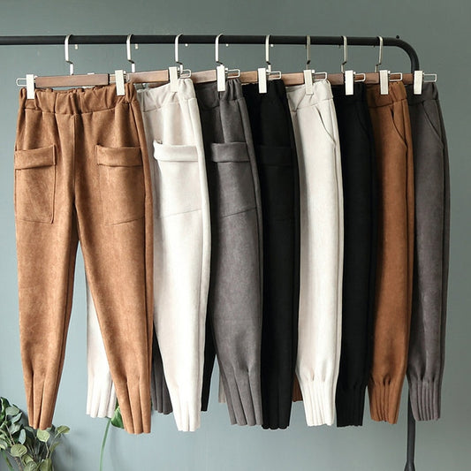 2019 Streetwear Women Pants Elastic High Waist Pockets Suede Harem Pants Casual Autumn Plus Size Trousers Women pantalones mujer